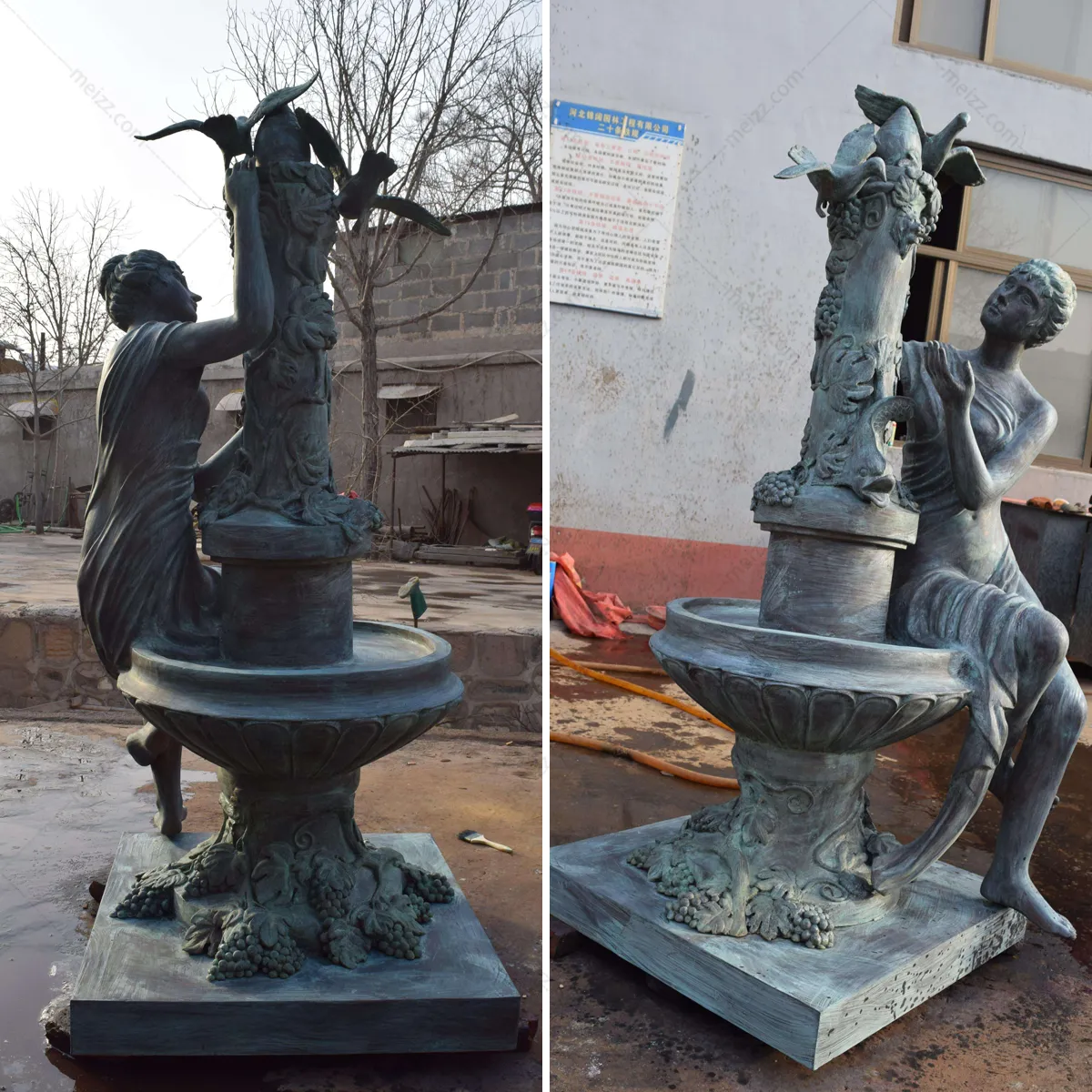 Outdoor Bronze Fountain with a Naked Woman and Two Birds