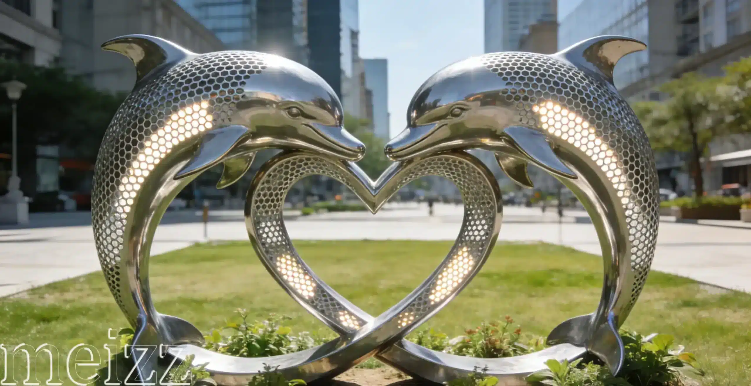 Garden stainless steel dolphin sculpture