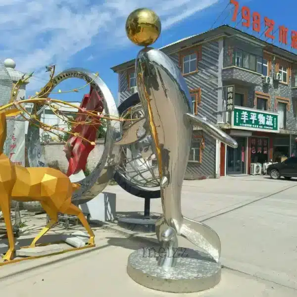 modern stainless steel dolphin sculpture