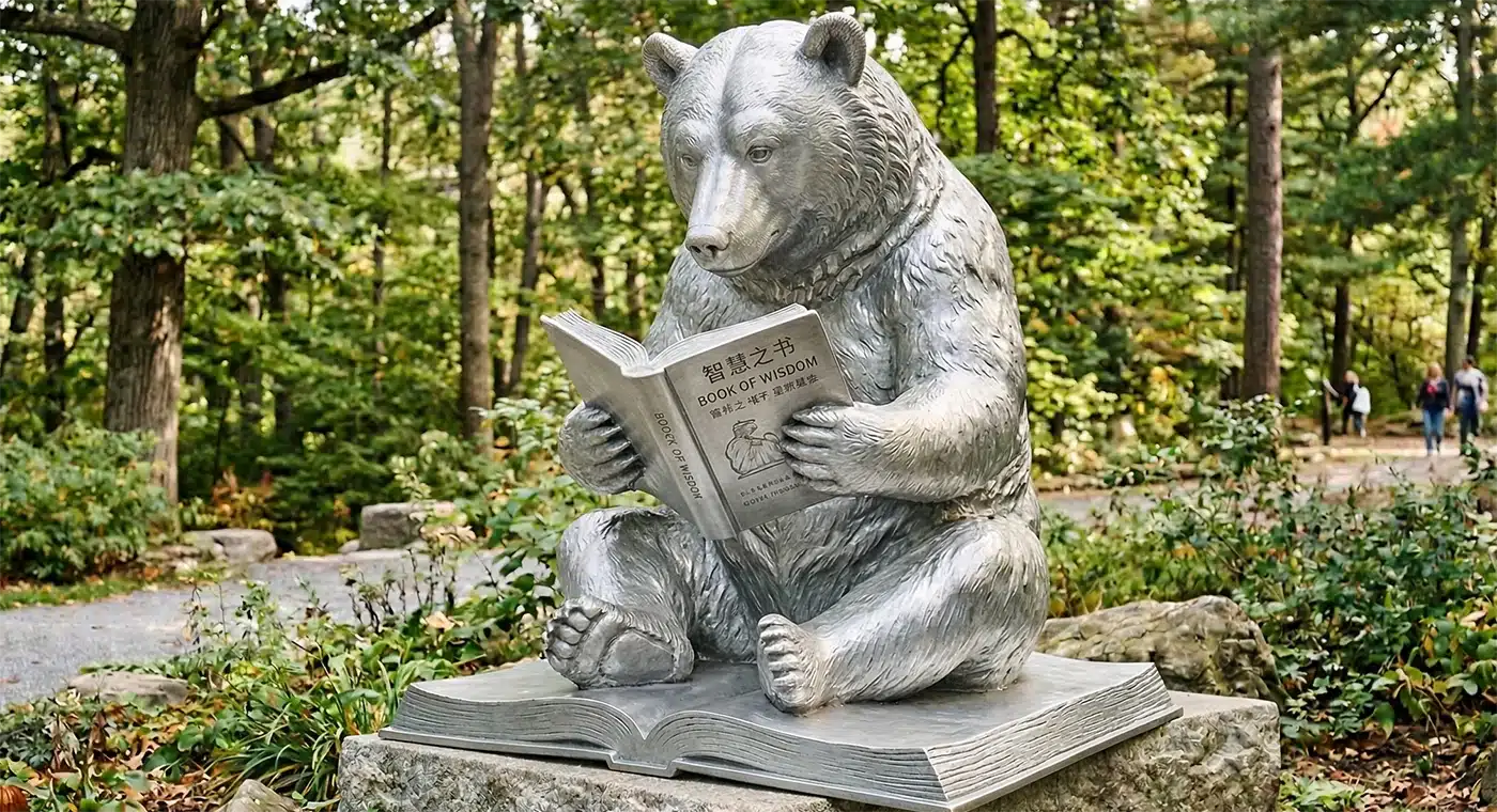 Aluminum Reading Bear Sculpture