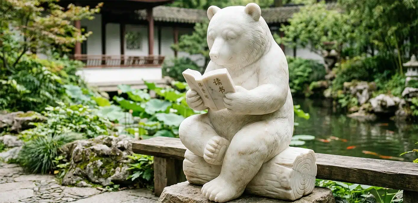 White Marble Reading Bear Sculpture
