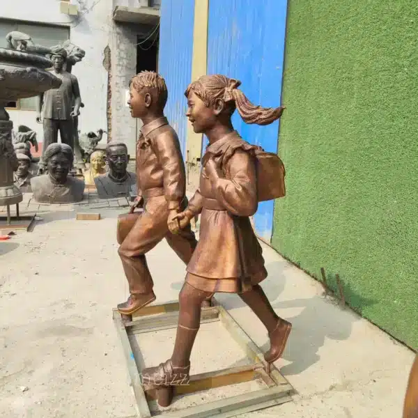 Bronze Children Walking to School Sculpture