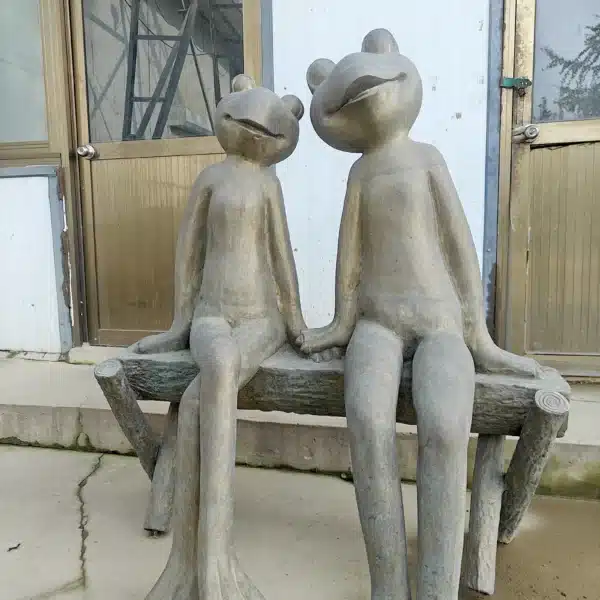 Bronze Frog Couple Sculpture: Sitting Frogs on Bench Garden Statue