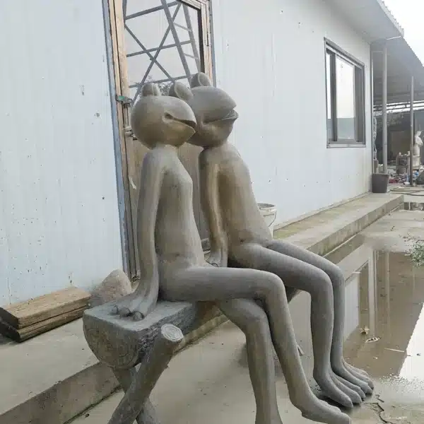 Bronze Frog Couple Sculpture: Sitting Frogs on Bench Garden Statue